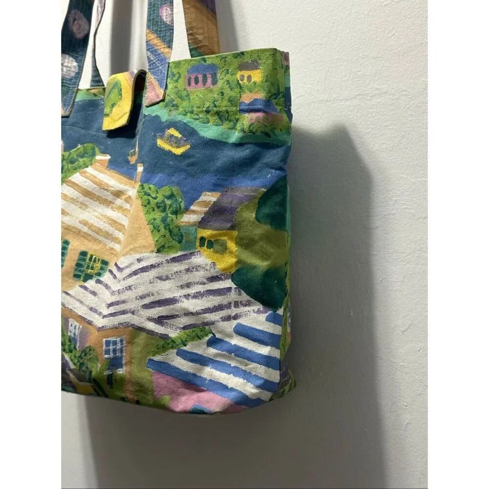 Silkscapes Coastal Village Art Tote Bag | Cottagecore Beach Hand Painted Fabric